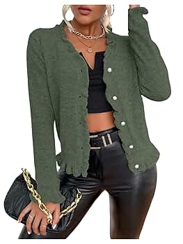 Verdusa Women's Ruffle Trim V Neck Button Down Long Sleeve